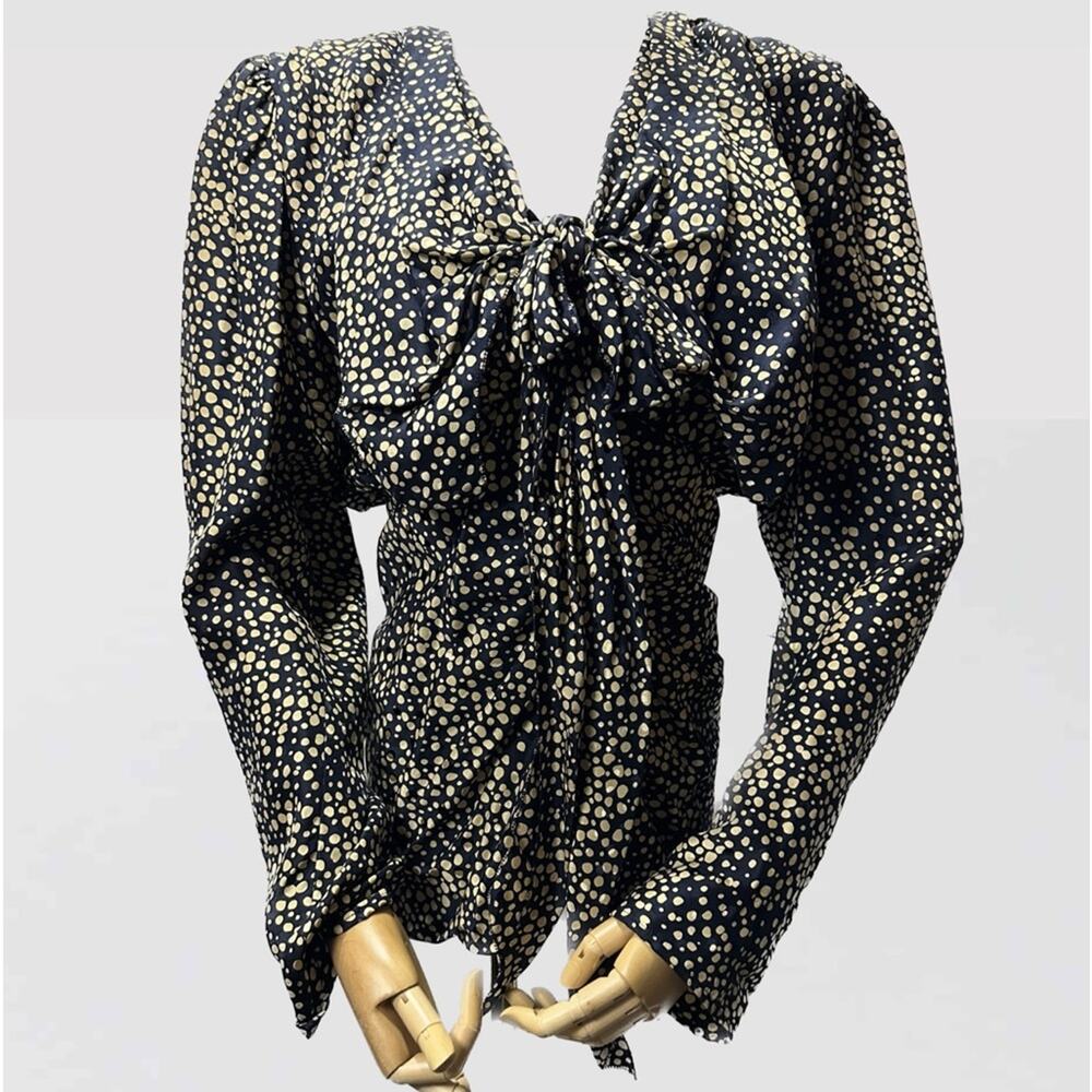 Norma Walters Vintage Gorgeous Navy Blue Tan Dot Silk Tie Blouse Size 8